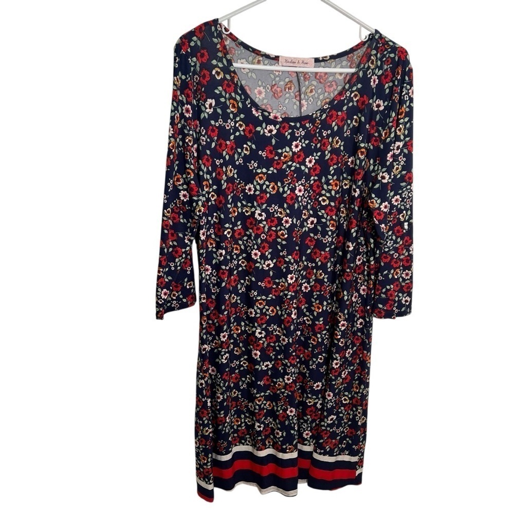 Harlow & Rose Women's Shift Dress Navy Blue Floral 3/4 Sleeve Scoop‎ Neck Stripe